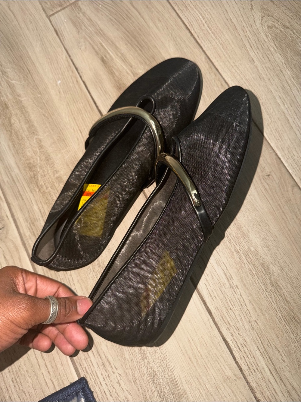 Black Women's Pointed Mary Jane Flats with Gold Accent